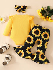 Children's Ruffled Ribbed Top and Sunflower Pants Set 