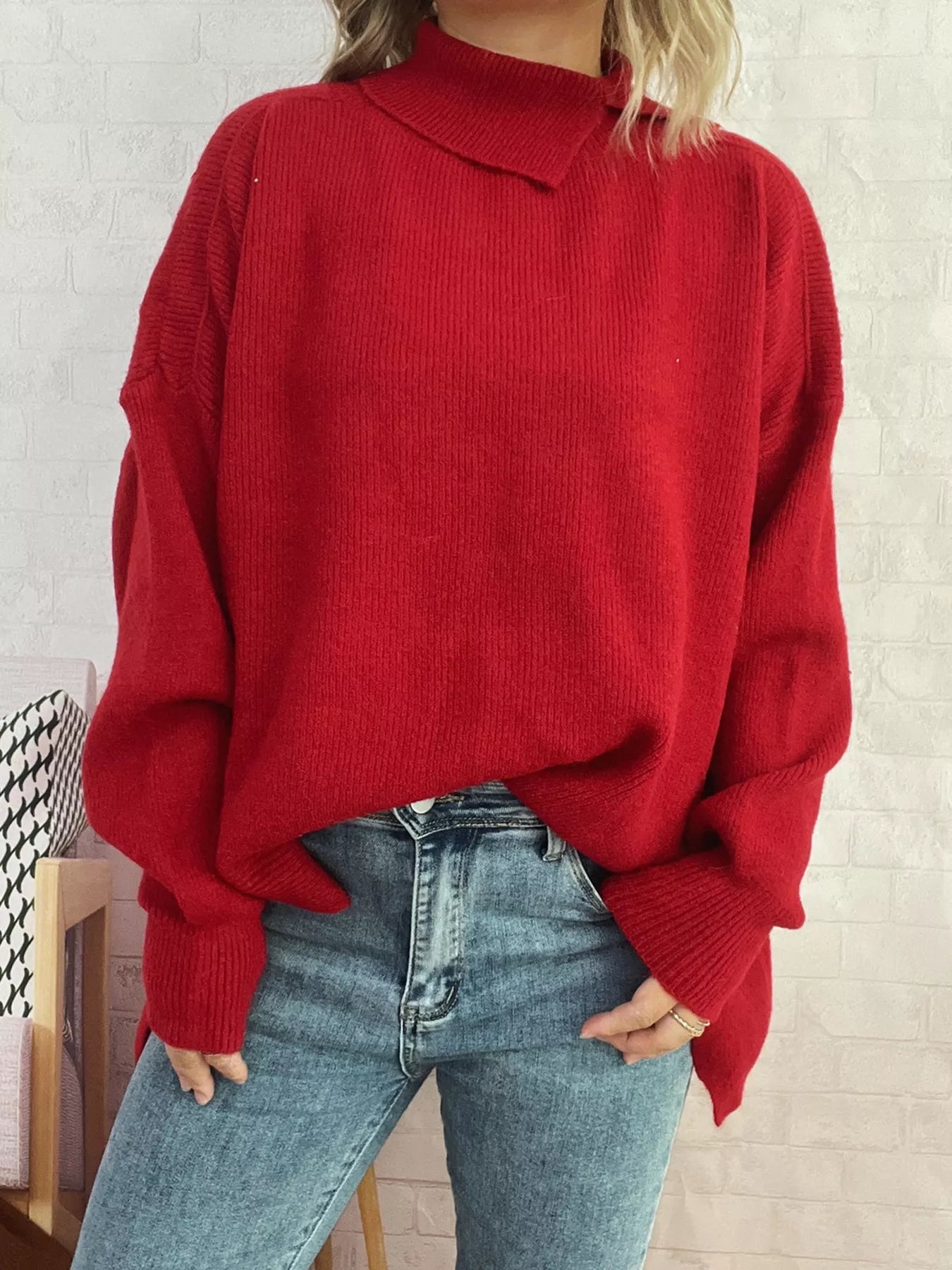 Slit Turtleneck Long Sleeve Sweater 