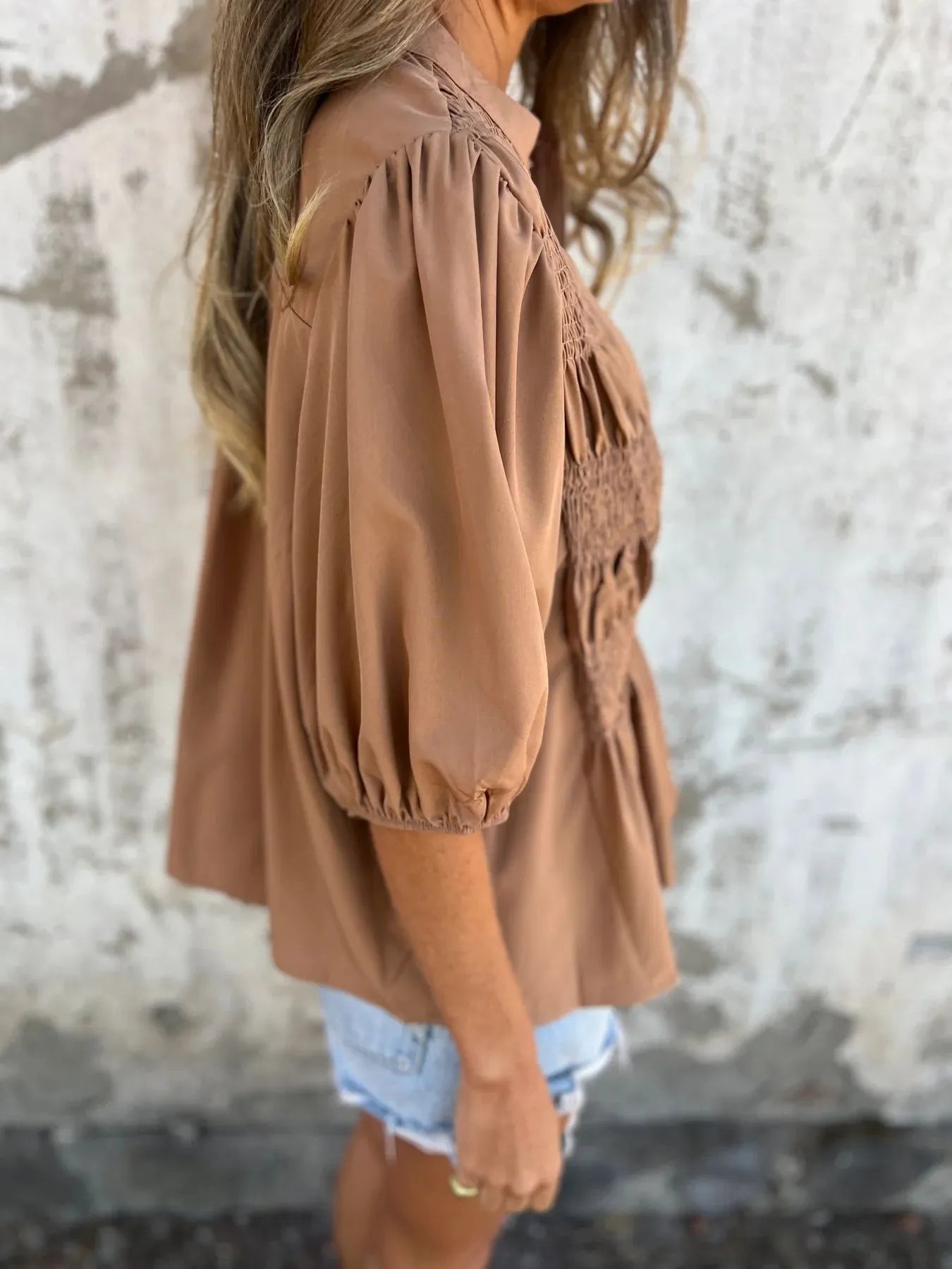 Full Size Smocked Puff Sleeve Blouse Plus Size 