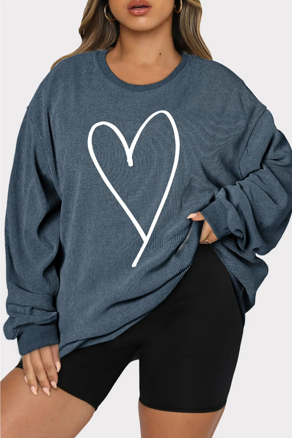 Plus Size Heart Ribbed Round Neck Sweatshirt 