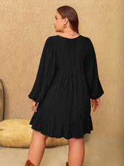 Plus Size Embroidered Tie Neck Long Sleeve Mini Dress 