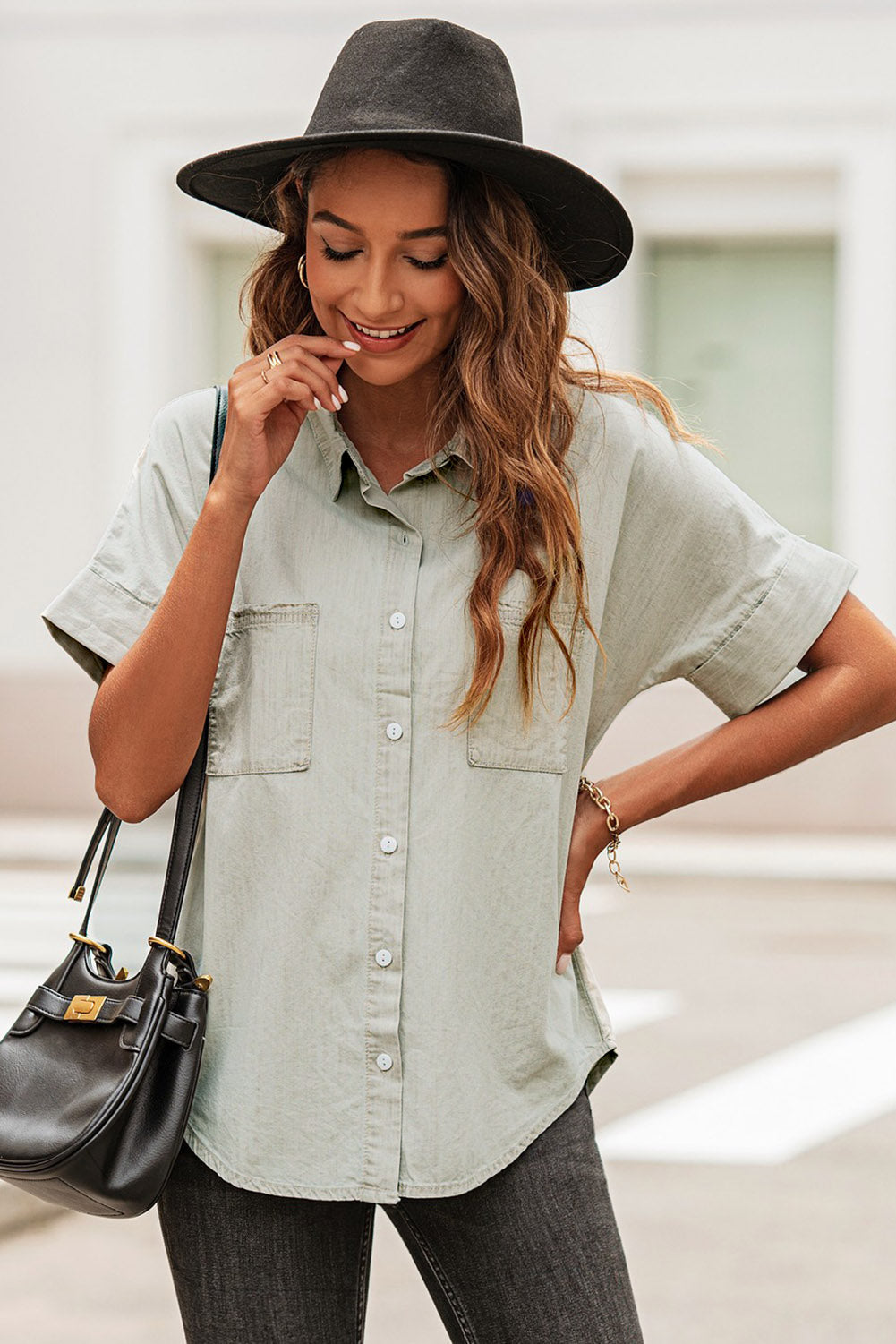 Button Front Collared Short Sleeve Shirt 