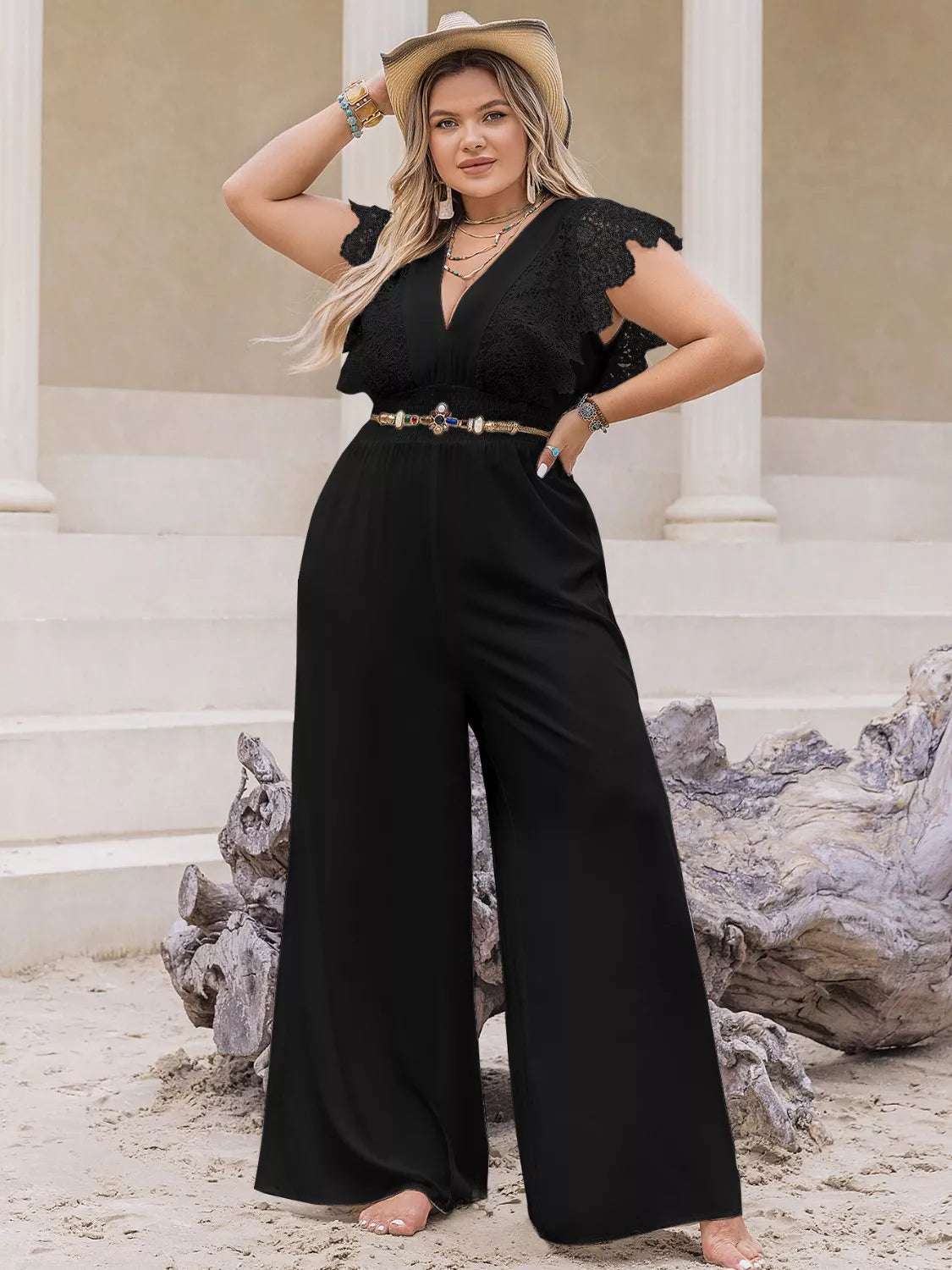 Plus Size Lace Cap Sleeve Wide Leg Jumpsuit 