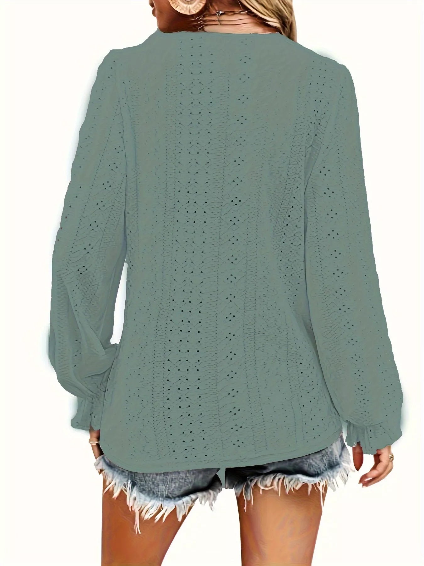 Plus Size Eyelet V-Neck Flounce Sleeve Blouse 