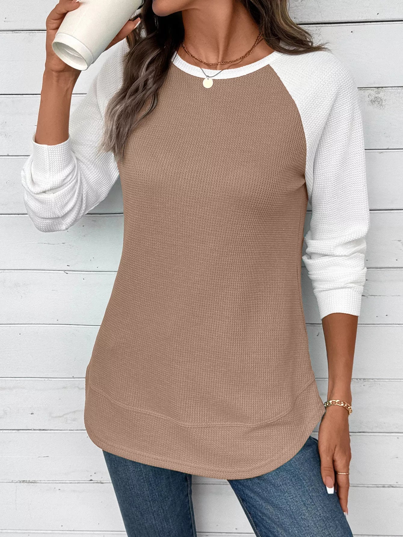 Contrast Raglan Sleeve Waffle Knit T-Shirt 