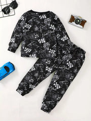 Children's Racing Car Print Long Sleeve Sweatshirt and Pants Set 