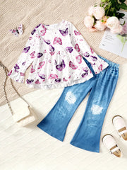 Children's Butterfly Print Top and Flare Pants Set 