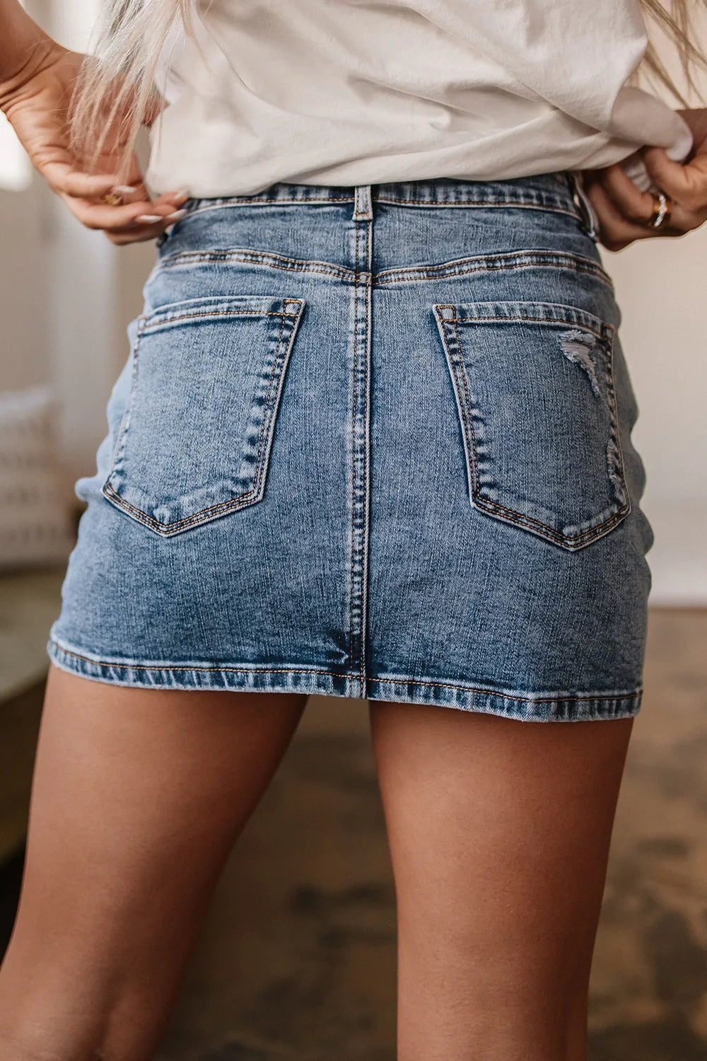 Rhinestone Distressed Denim Mini Skirt 