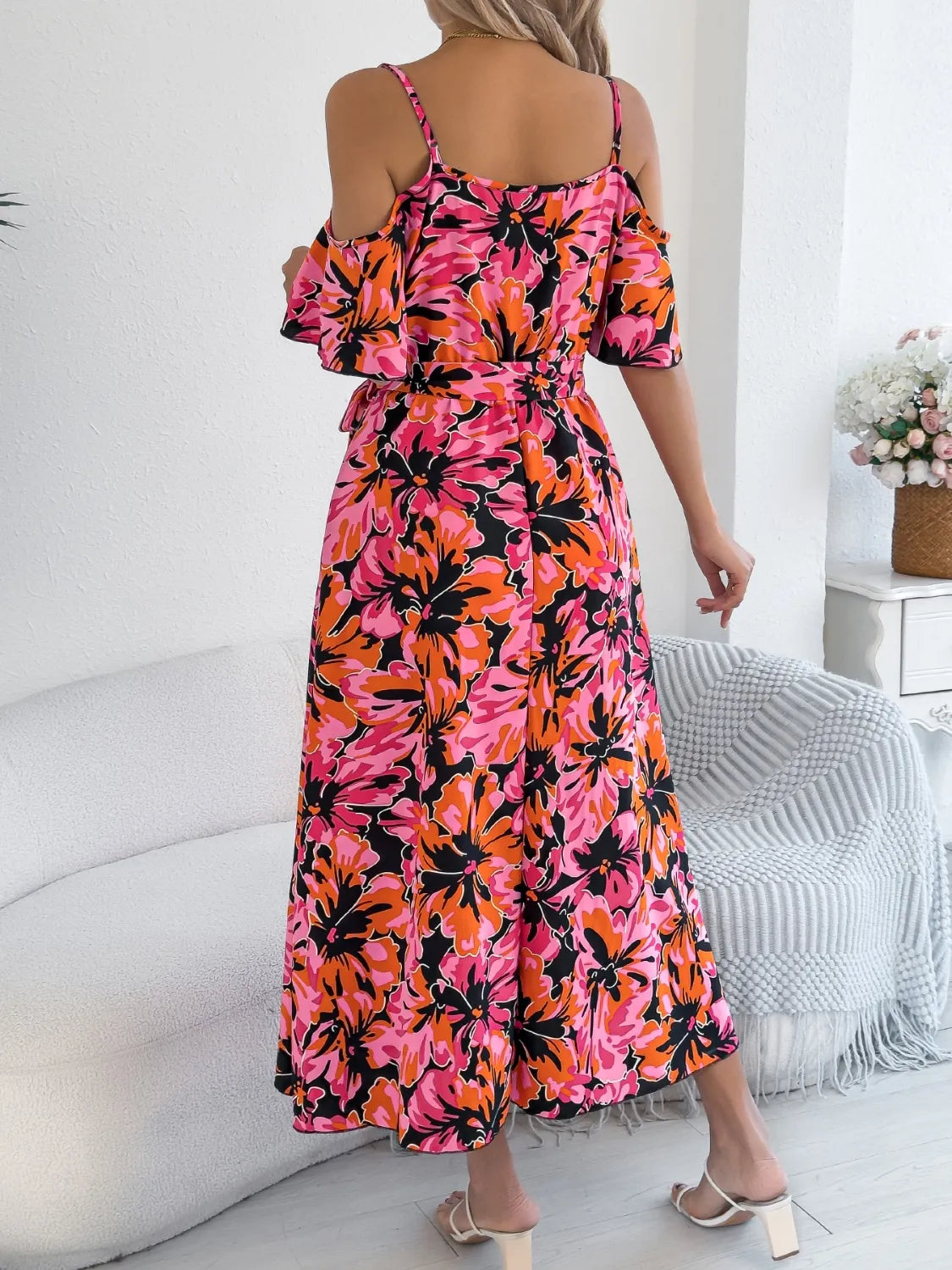 Printed Cold Shoulder Midi Cami Dress 