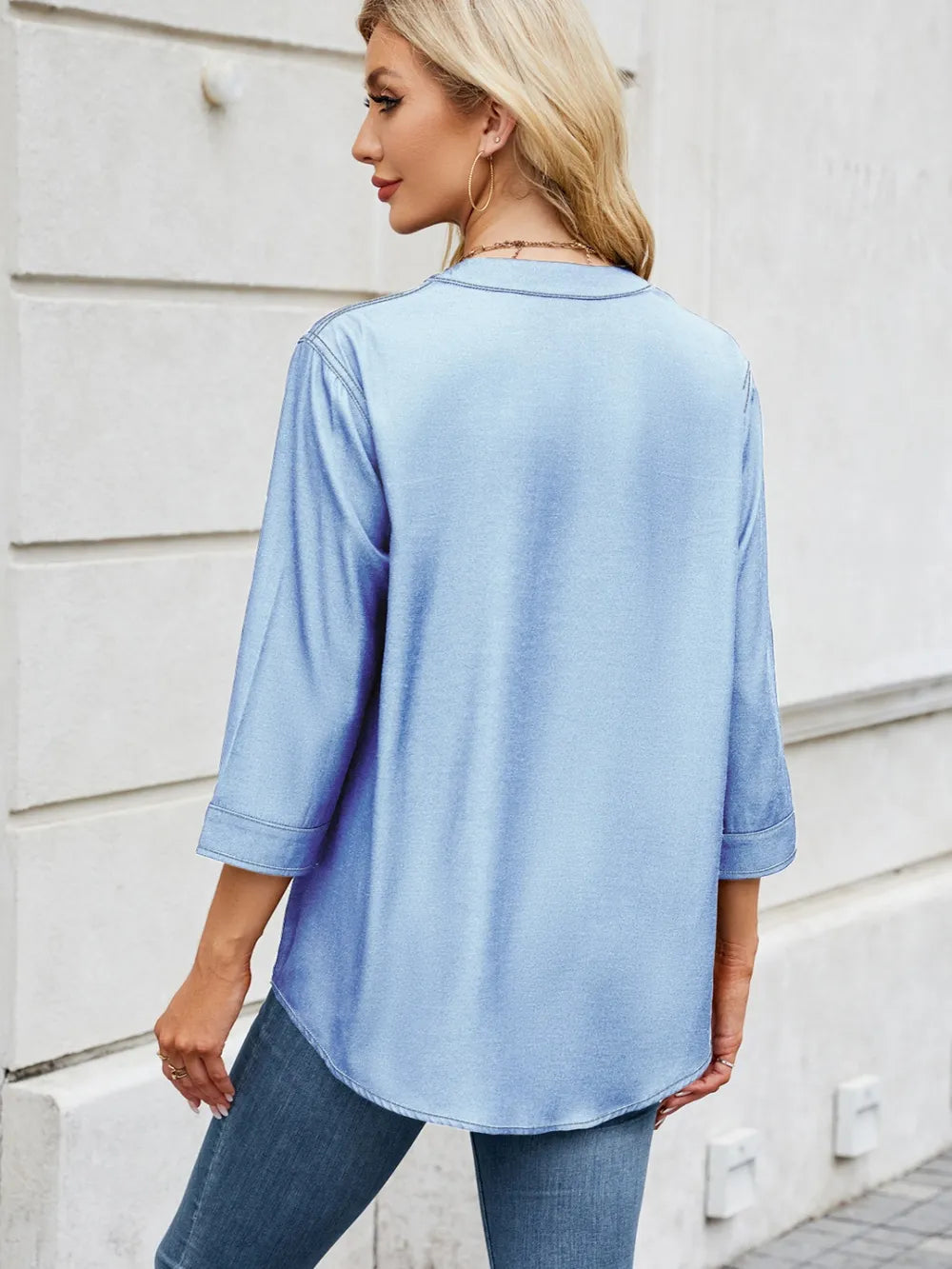 Notched Three-Quarter Sleeve Denim Top 