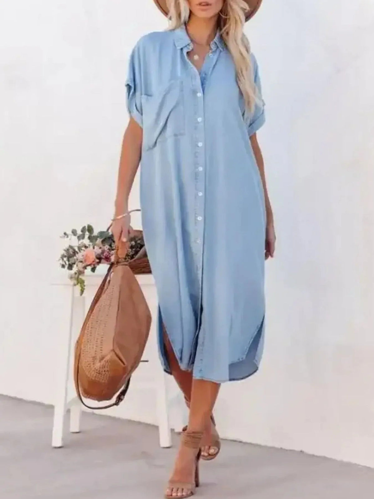 Button Down Denim Midi Shirt Dress 
