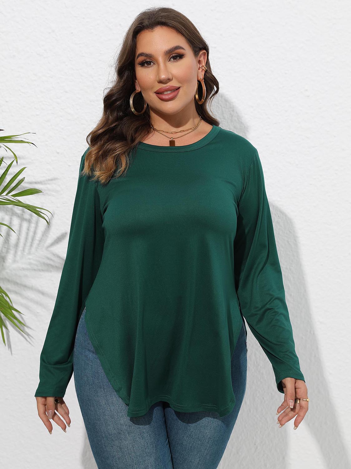 Plus Size Round Neck Long Sleeve Slit T-Shirt 