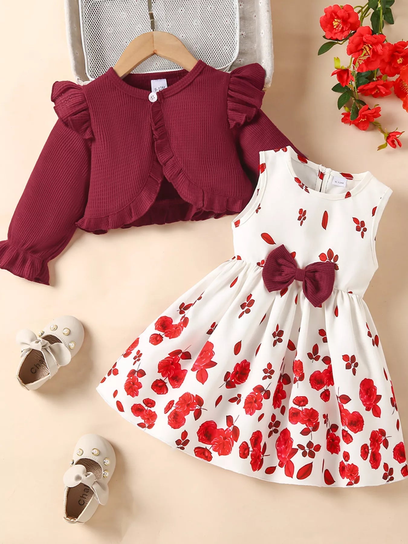 Children's Bow Dress & Ruffle Trim Cardigan Set 