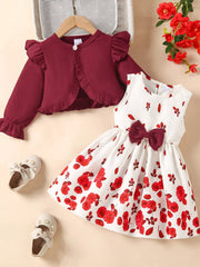 Children's Bow Dress & Ruffle Trim Cardigan Set 