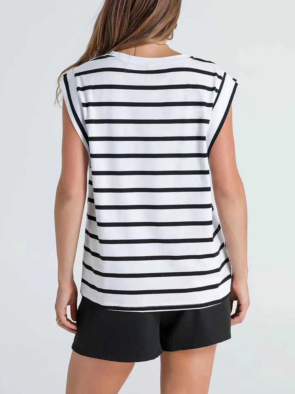 Striped Round Neck Cap Sleeve T-Shirt 