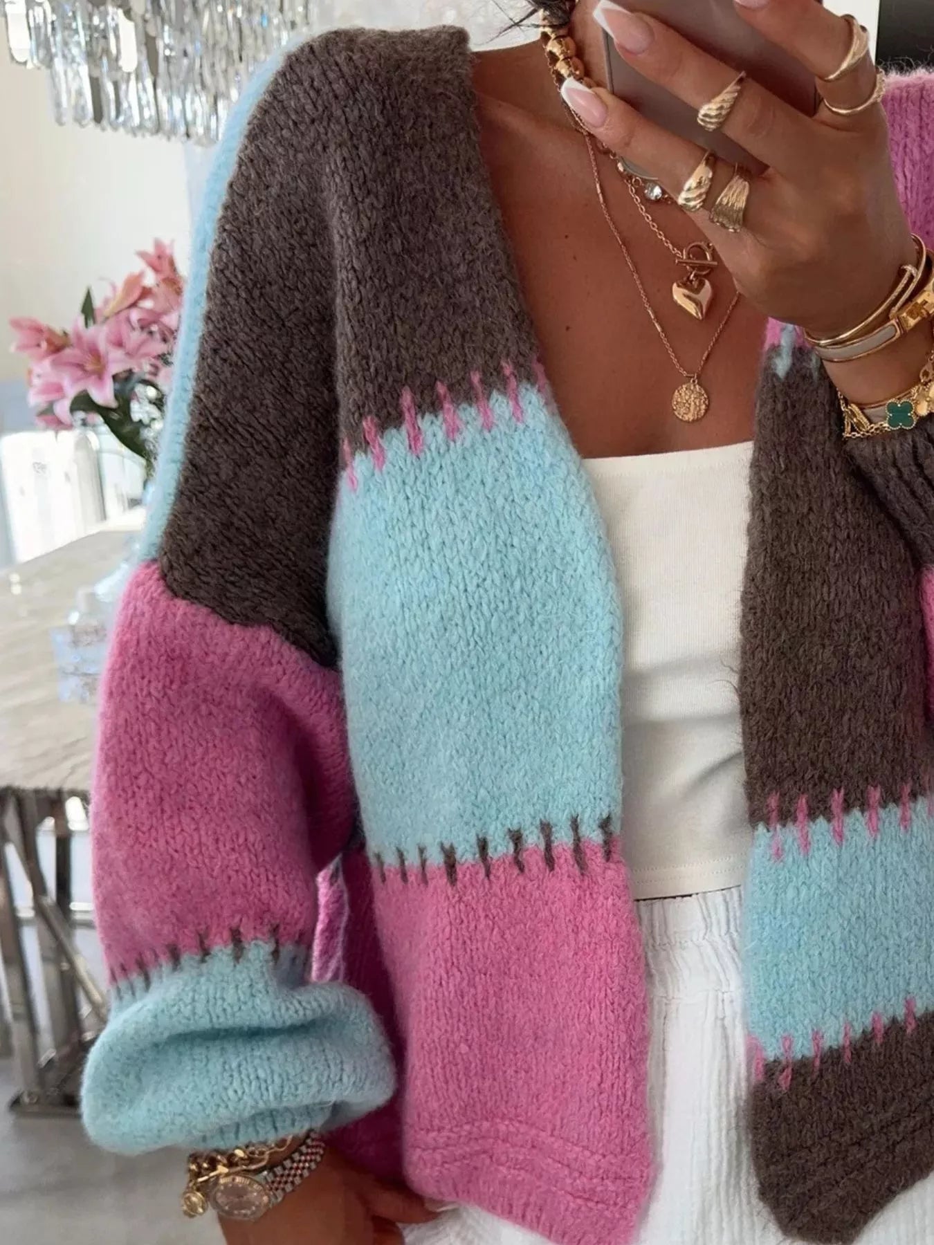Color Block Open Front Cardigan 