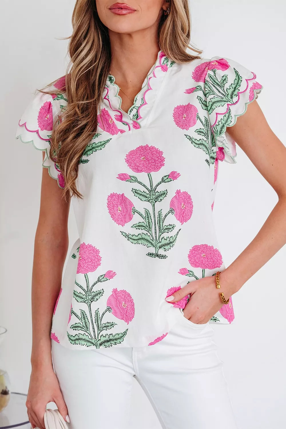 Contrast Scallop Trim Layered Short Sleeve V Neck Blouse 