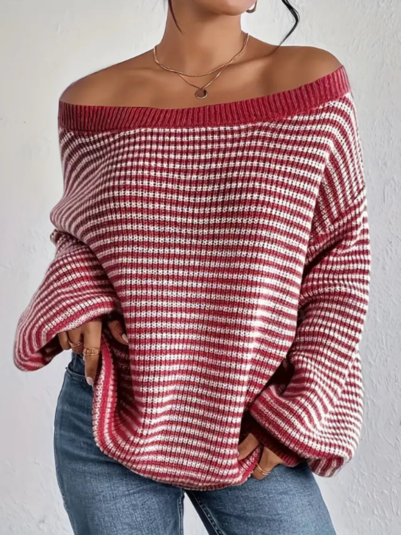 Striped Boat Neck Long Sleeve Sweater 