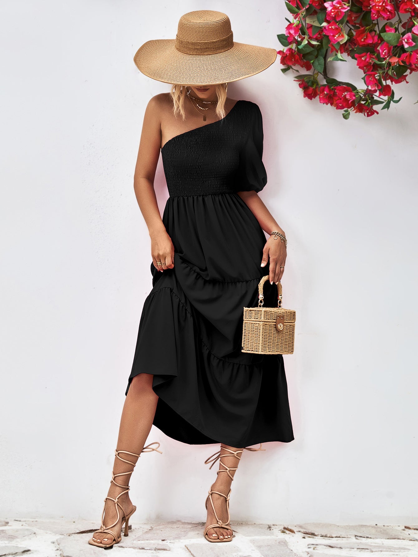 Smocked One-Shoulder Midi Dress 