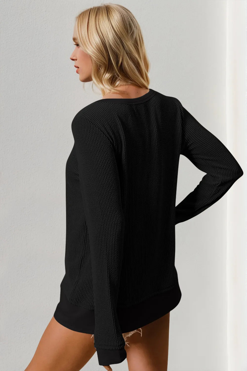 Double Take Corded Rib Thumbhole Cuff Round Neck T-Shirt 