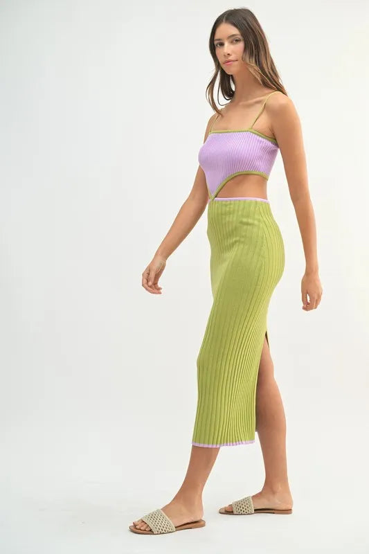MABLE Ribbed Knit Color Block Cutout Midi Dress 