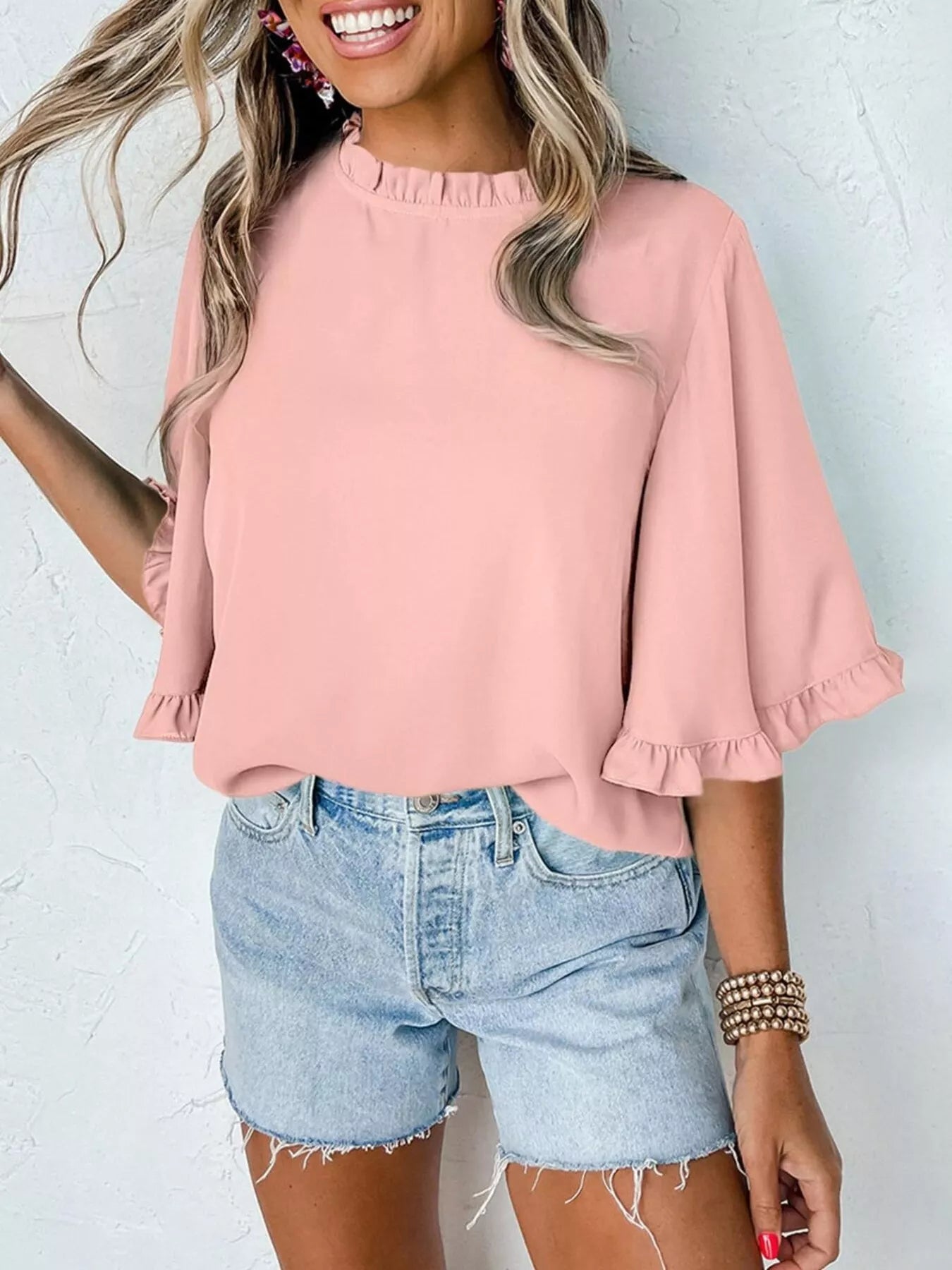 Ruffle Trim Half Sleeve Blouse 