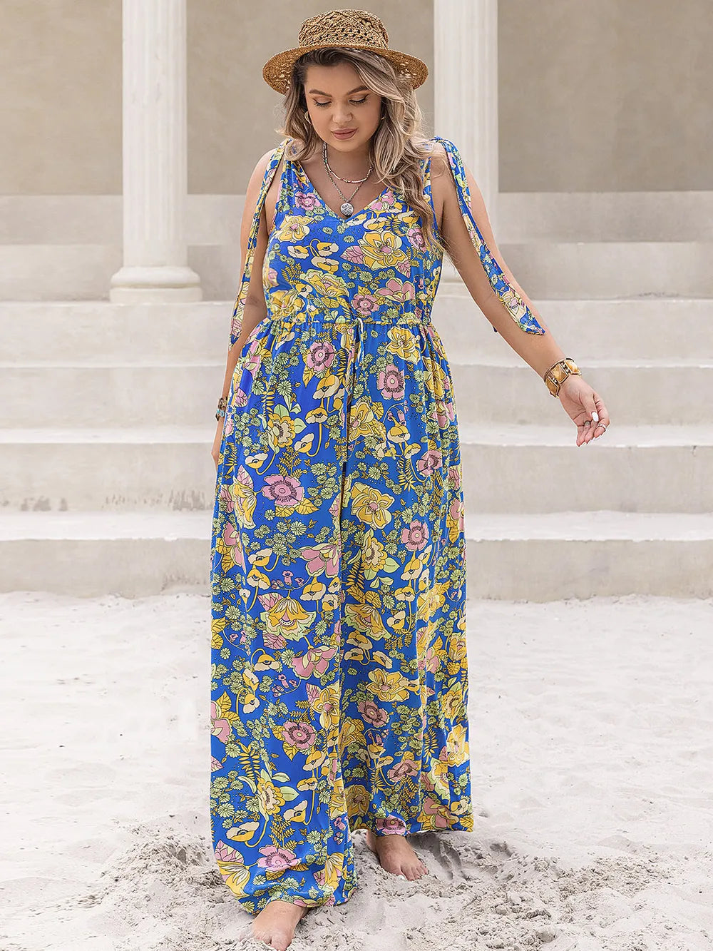 Plus Size Printed V-Neck Wide Leg Jumpsuit 