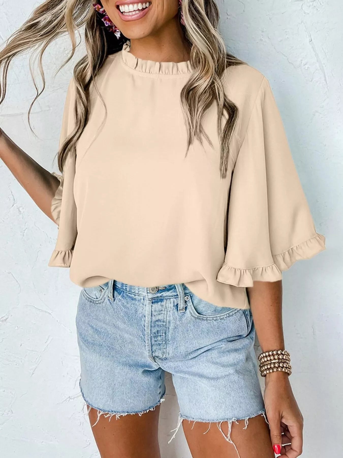 Ruffle Trim Half Sleeve Blouse 