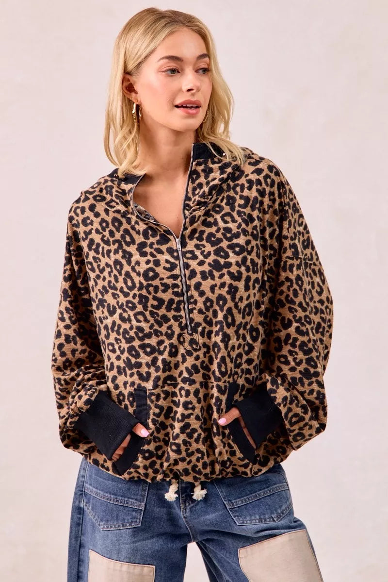 BiBi Leopard Print Waffle Half Zip Up Hoodie W Pocket 