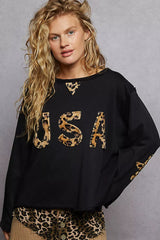 POL Round Neck Long Sleeve French Terry Sweatshirt with USA Letter Animal Patch 