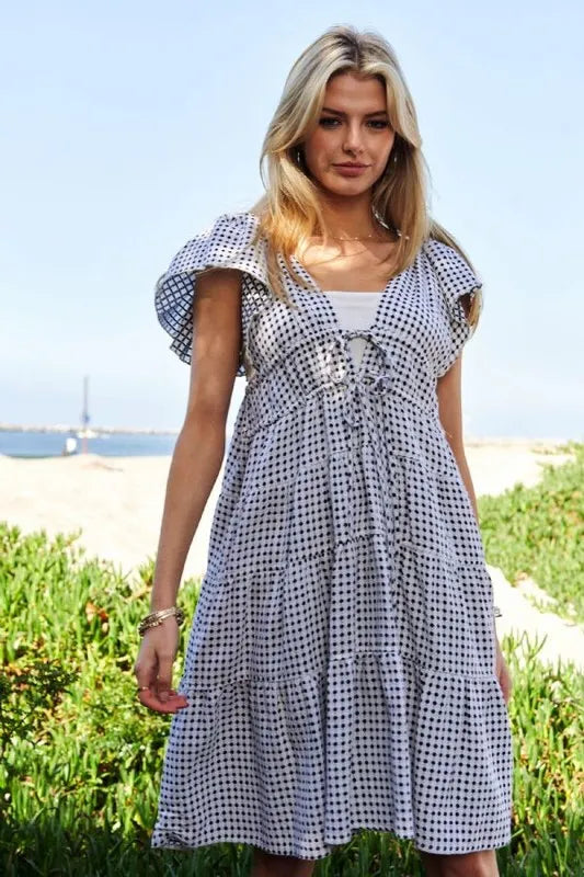 Davi & Dani Jacquard V-Neck Flutter Cap Sleeve Tiered Dress 