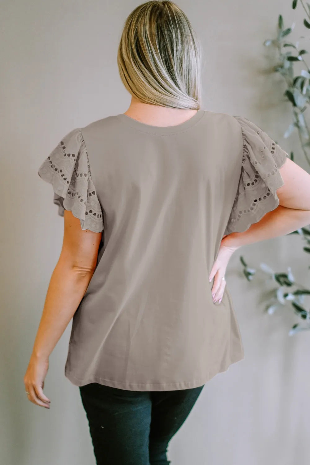 Plus Size Eyelet Round Neck Short Sleeve Blouse 