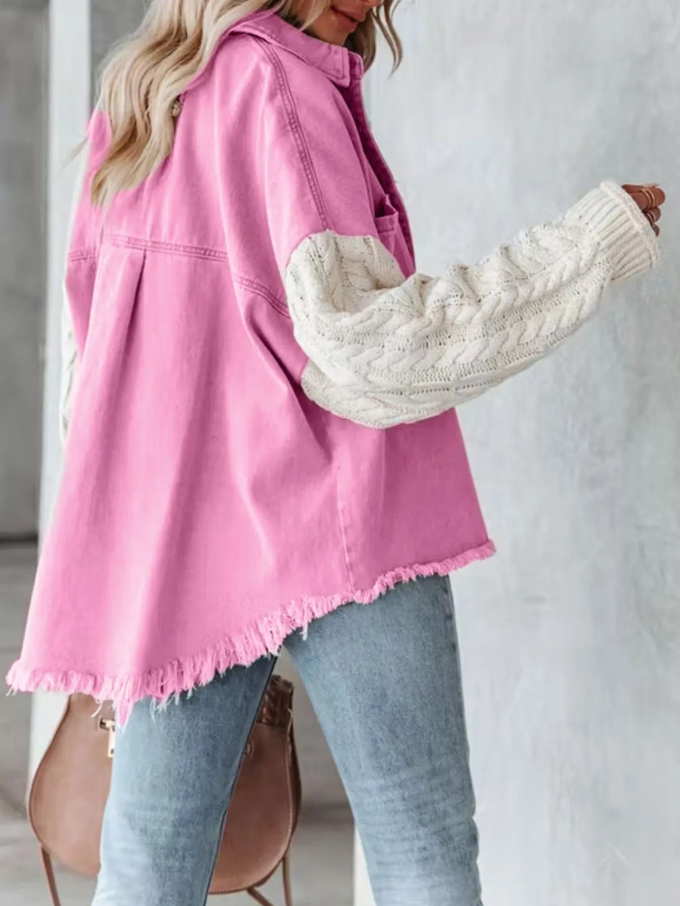 Full Size Raw Hem Button Up Patchwork Denim Jacket Plus Size 