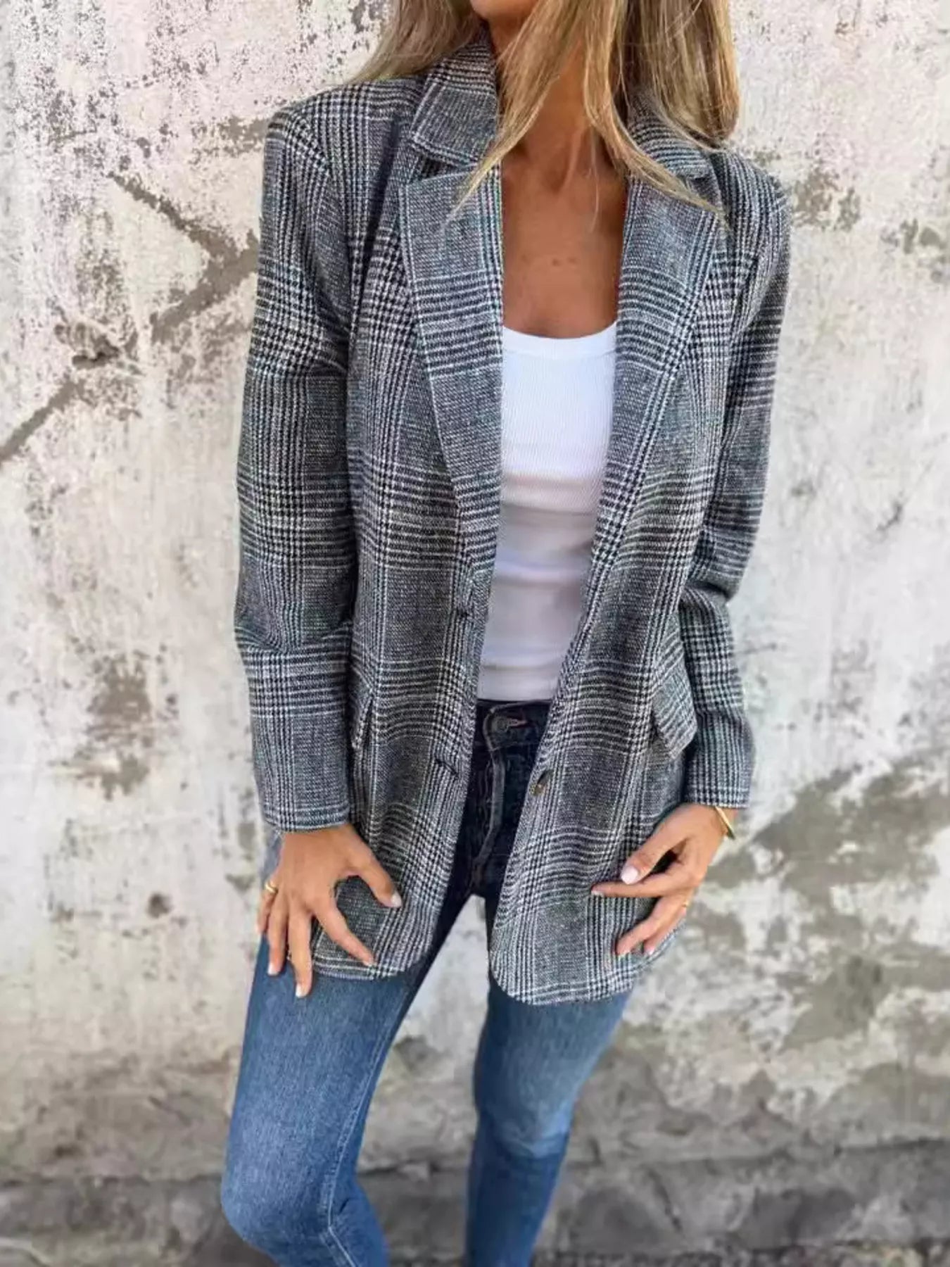 Full Size Plaid Single-Breasted Long Sleeve Blazer Plus Size 