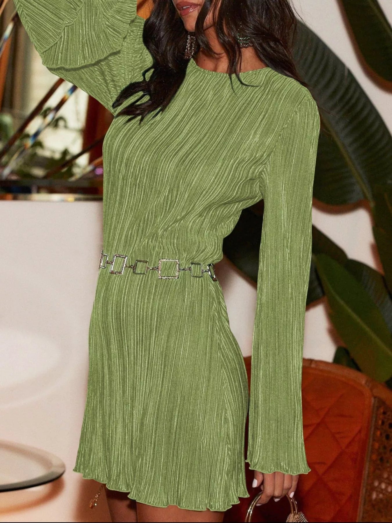 Cutout Back Flare Sleeve Dress 