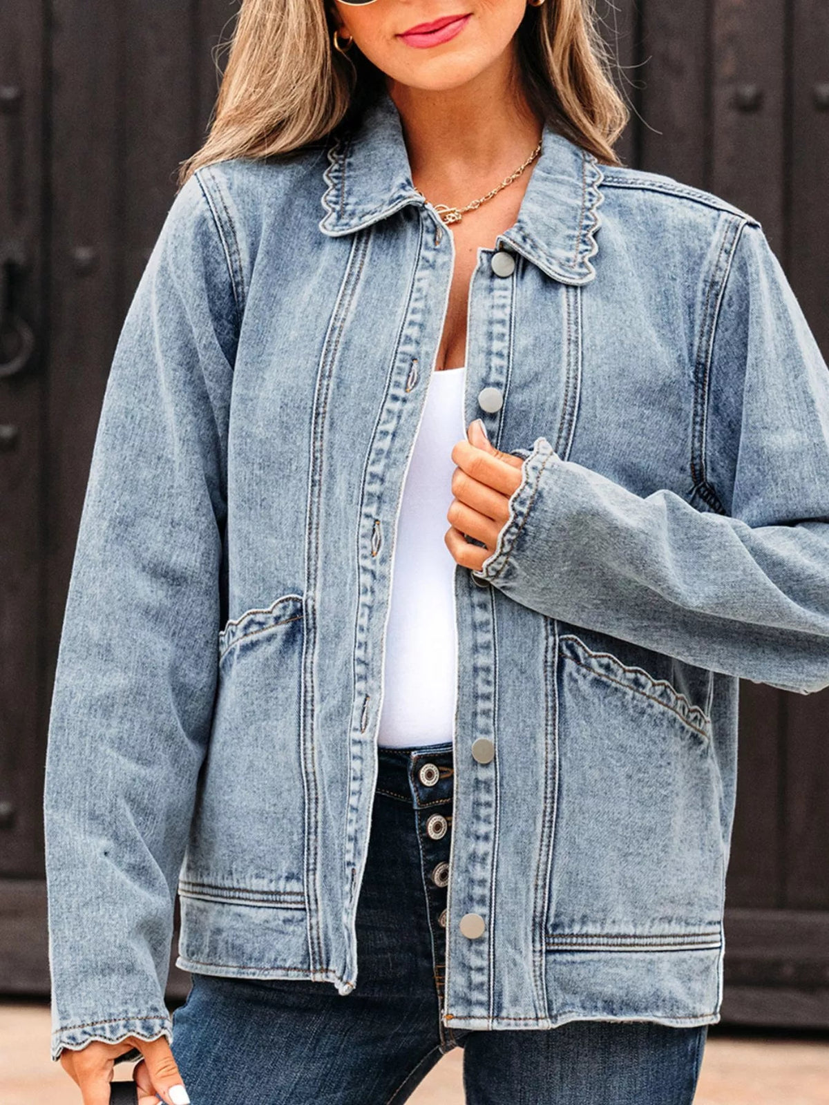 Scallop Trim Collar Patched Pocket Button Up Denim Jacket 