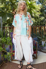 POL Lace Round Neck Short Sleeve Floral Pattern Top with Patch Detail 