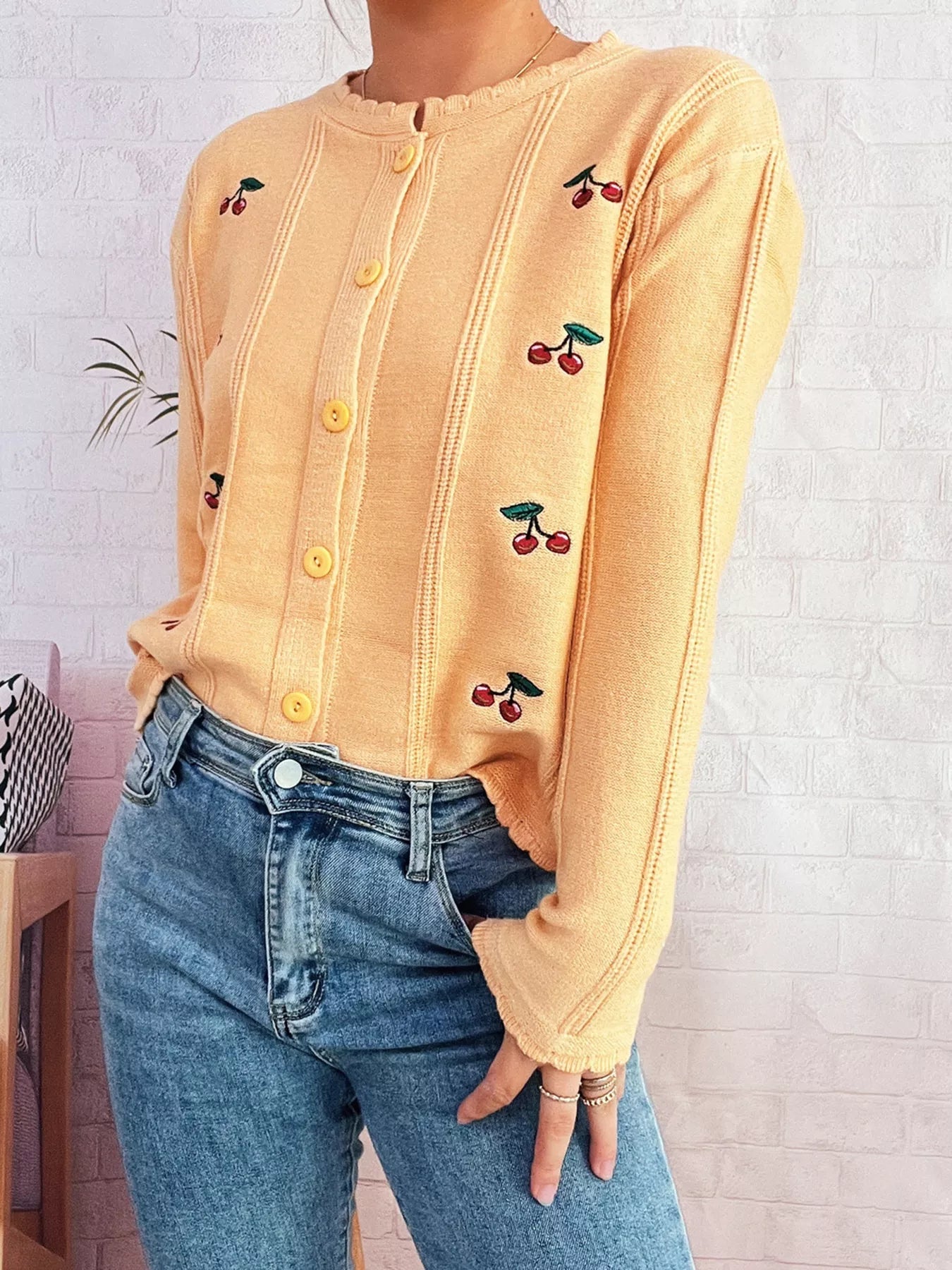 Cherry Embroidered Button Up Cardigan 