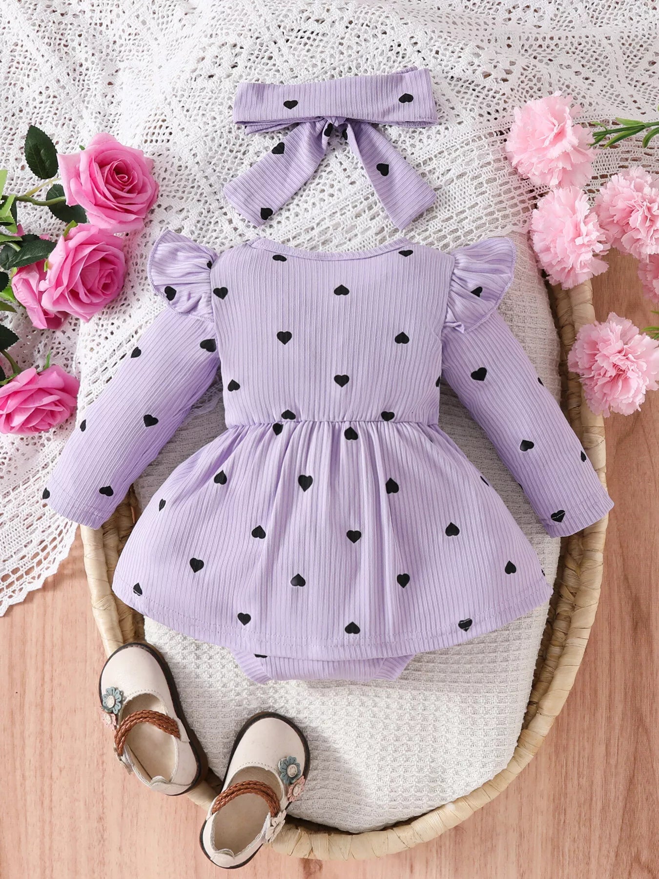 Children's Heart Print Ruffle Trim Bodysuit Dress with Headband 