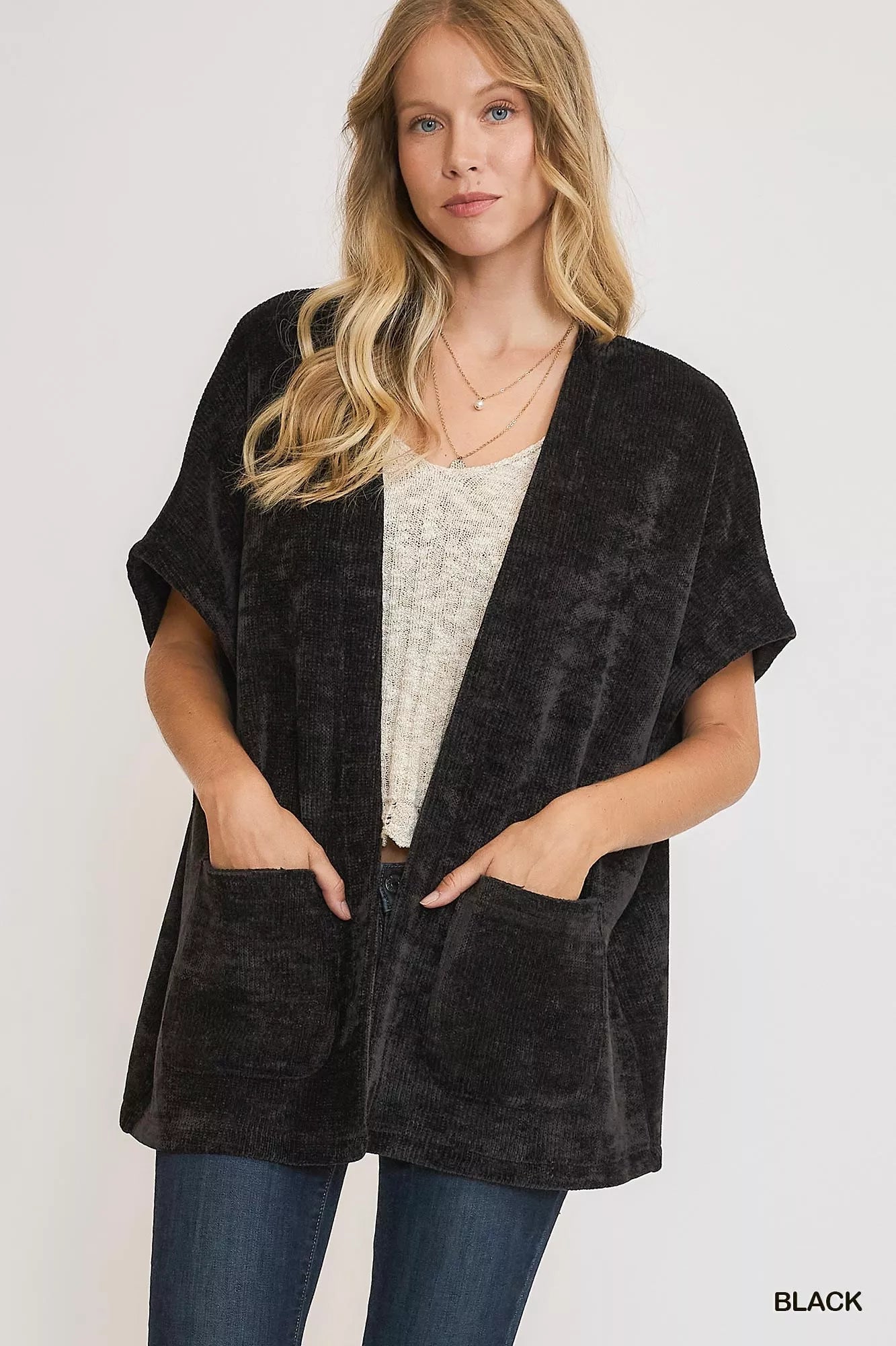 Umgee Open Front Knit Cardigan with Front Pockets 