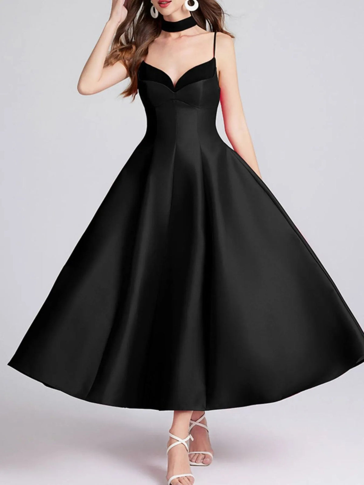 Sweetheart Spaghetti Strap Midi Dress with Collar 