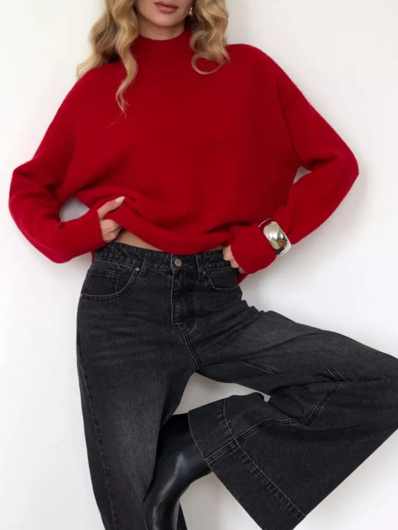 Mock Neck Dropped Shoulder Sweater 