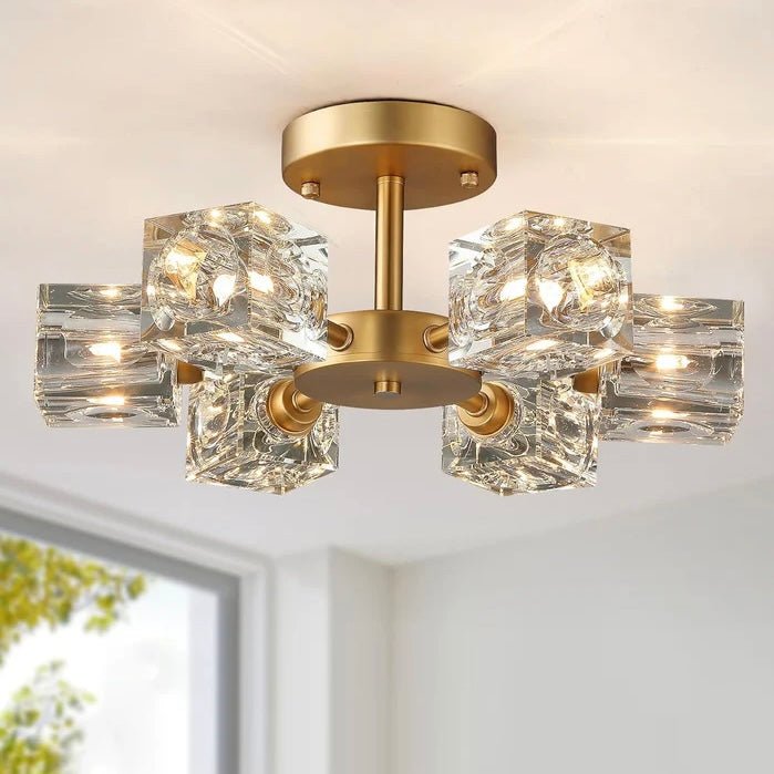 Elegant Crystal Ceiling Light with Gold Semi Flush Mount – Ideal for Low Ceilings 