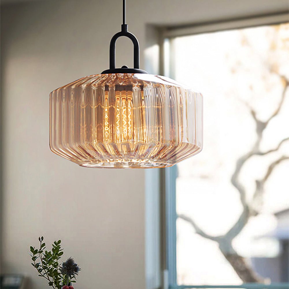 Elegant Pendant Light with Striped Green Glass Shade – Vintage Style for Dining and Kitchen 