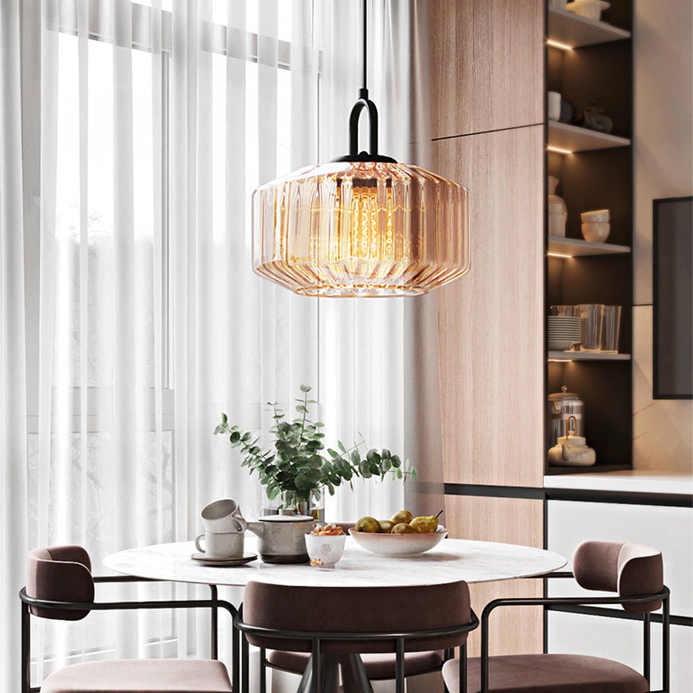 Elegant Pendant Light with Striped Green Glass Shade – Vintage Style for Dining and Kitchen 
