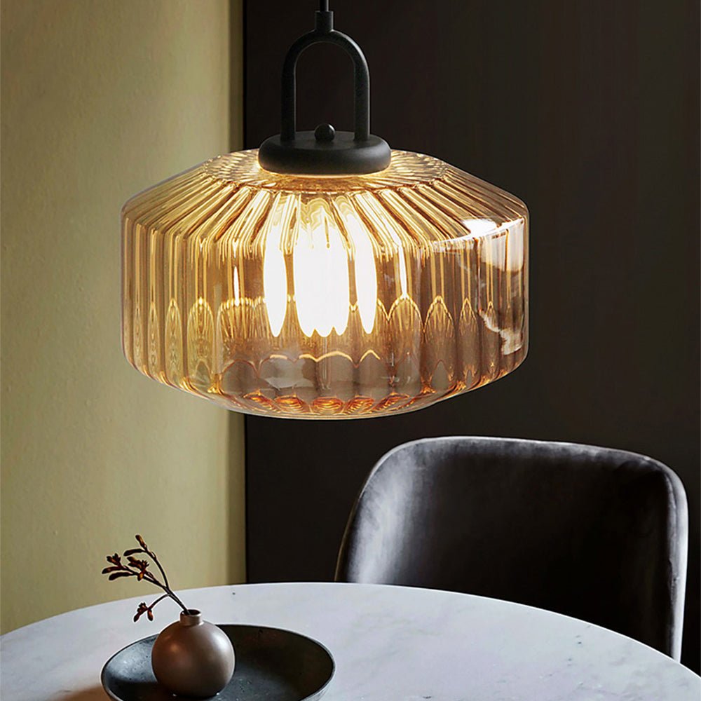 Elegant Pendant Light with Striped Green Glass Shade – Vintage Style for Dining and Kitchen 
