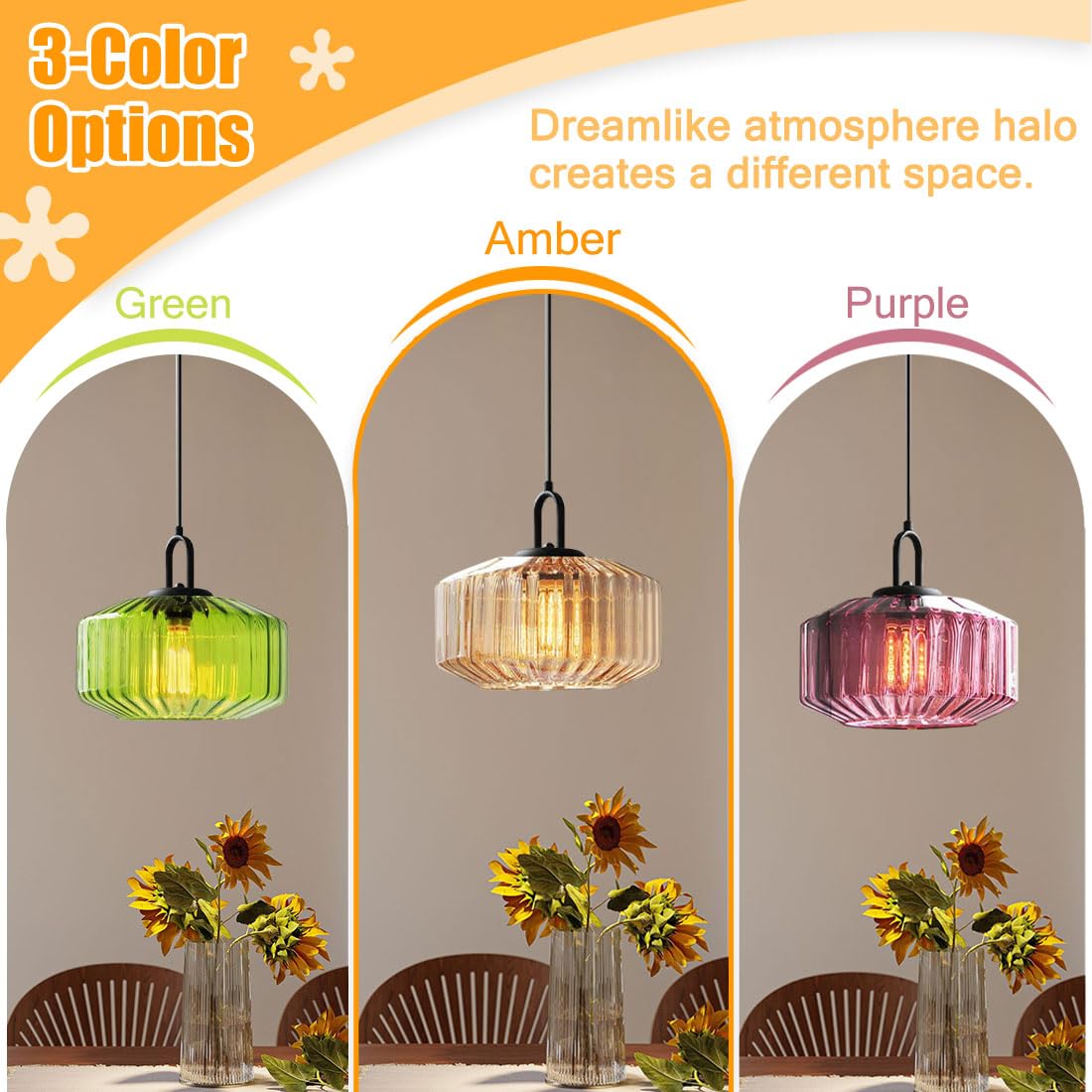 Elegant Pendant Light with Striped Green Glass Shade – Vintage Style for Dining and Kitchen 