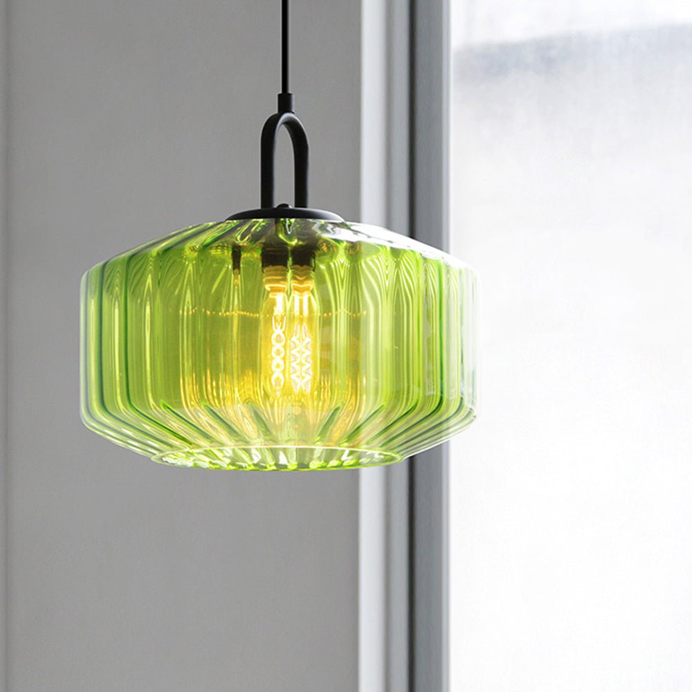 Elegant Pendant Light with Striped Green Glass Shade – Vintage Style for Dining and Kitchen 