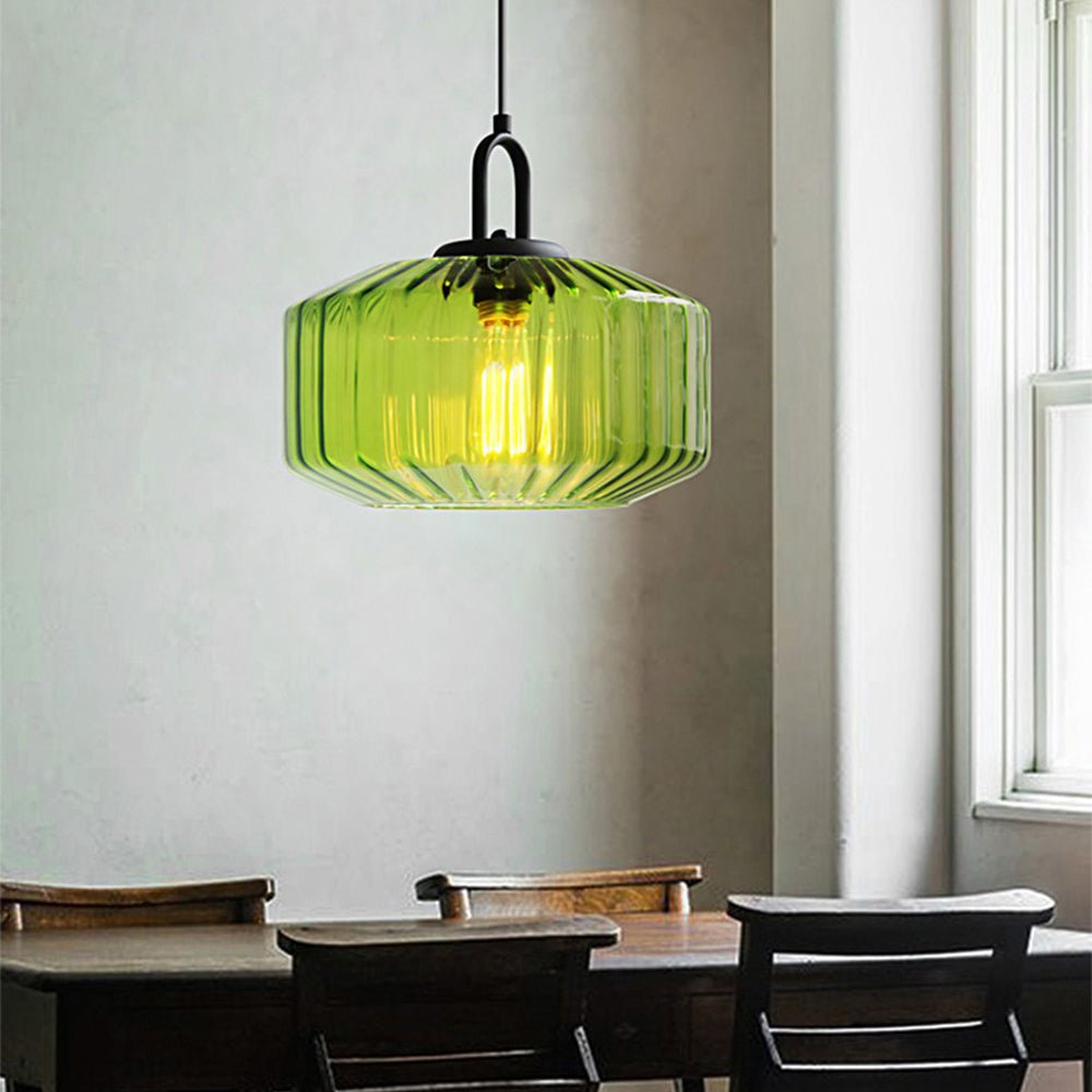 Elegant Pendant Light with Striped Green Glass Shade – Vintage Style for Dining and Kitchen 