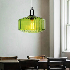 Elegant Pendant Light with Striped Green Glass Shade – Vintage Style for Dining and Kitchen 